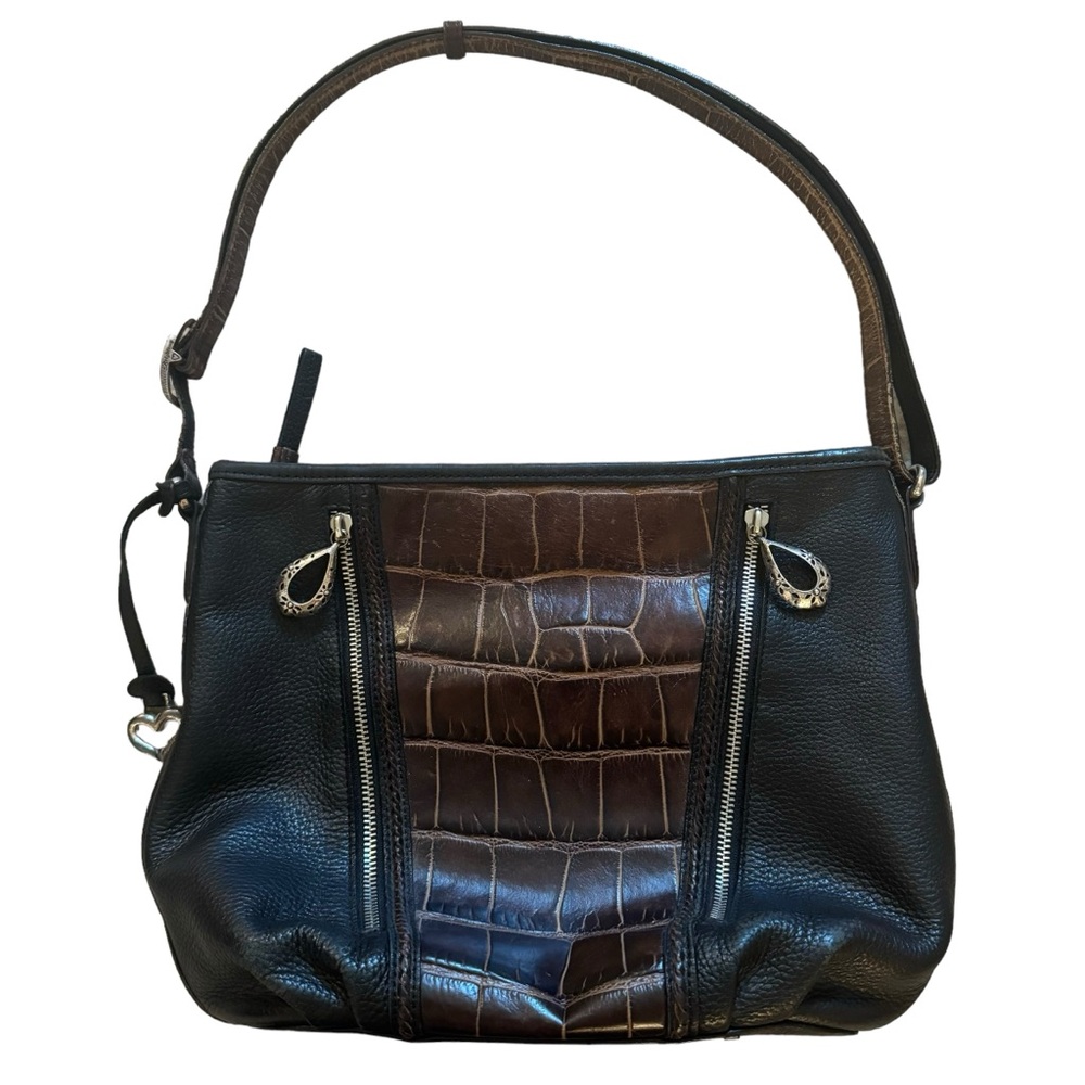 Brighton Black and Brown Croc-Accent Hobo Bag